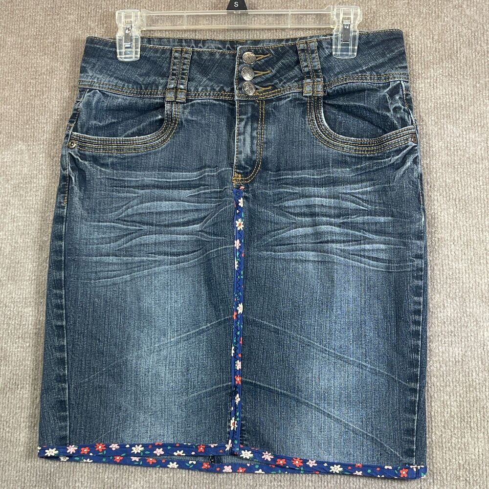 ReVolt Jean Skirt Womens 30X20 Pencil Floral Trim Cottagecore 3 Button Boho Y2K